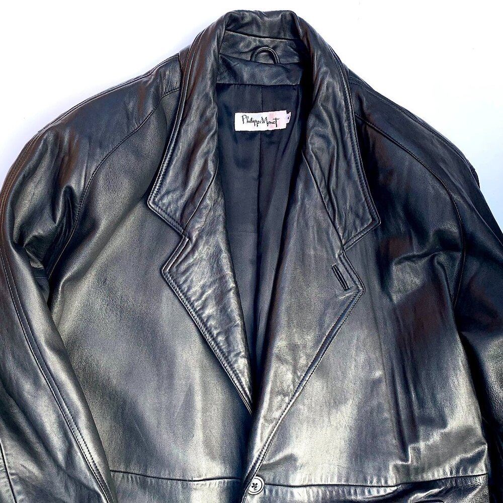 VTG Men’s Philippe Monet Black Leather Trench Coat Saks 5th Ave Size 44